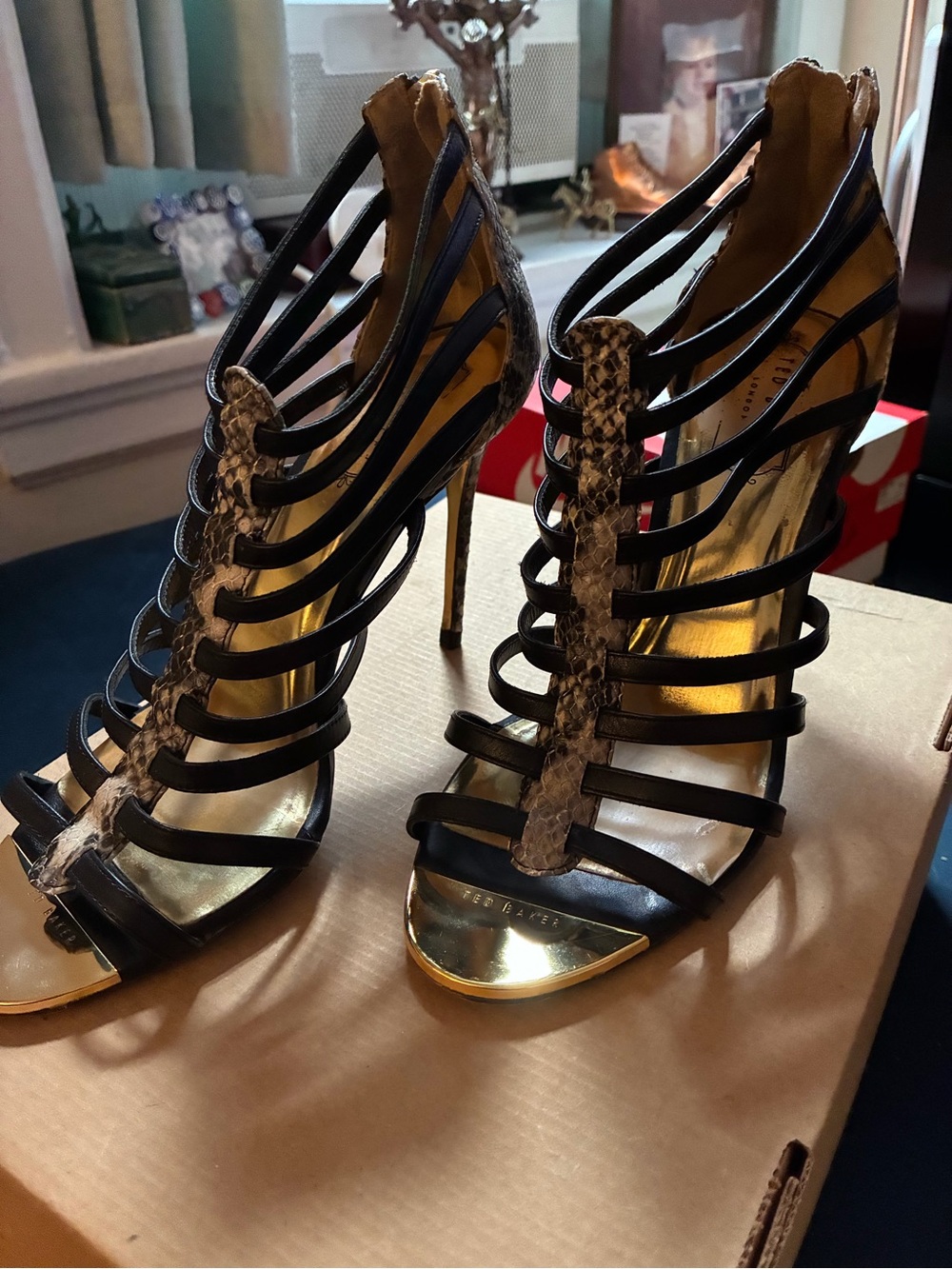 Ted Baker Strappy Black and Gold High Heel Sandals